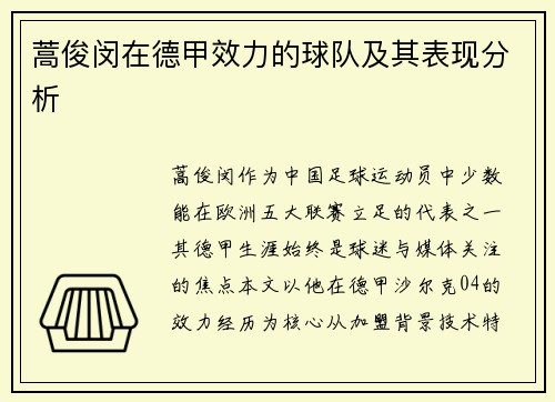 蒿俊闵在德甲效力的球队及其表现分析